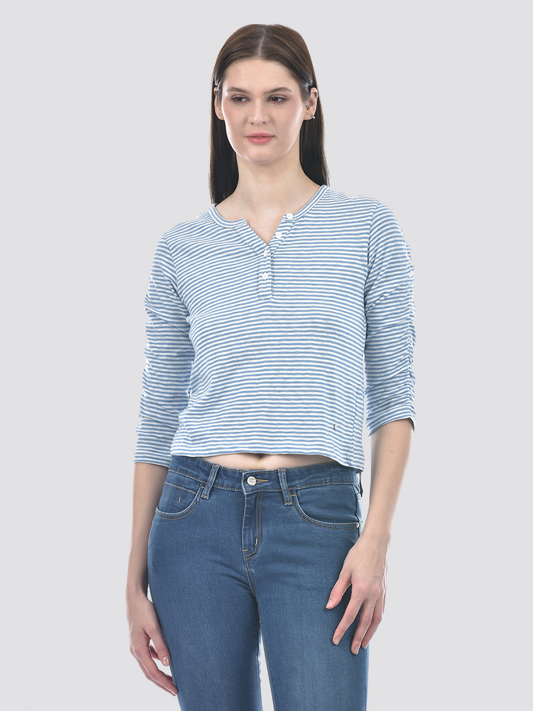 Numero Uno Women Blue & White Striped Henley T-Shirt